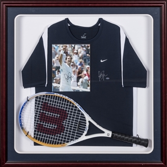 Pete Sampras Autographed Jersey, 8x10 Photo, and  Racket in Framed 35x35 Display (PSA/DNA)